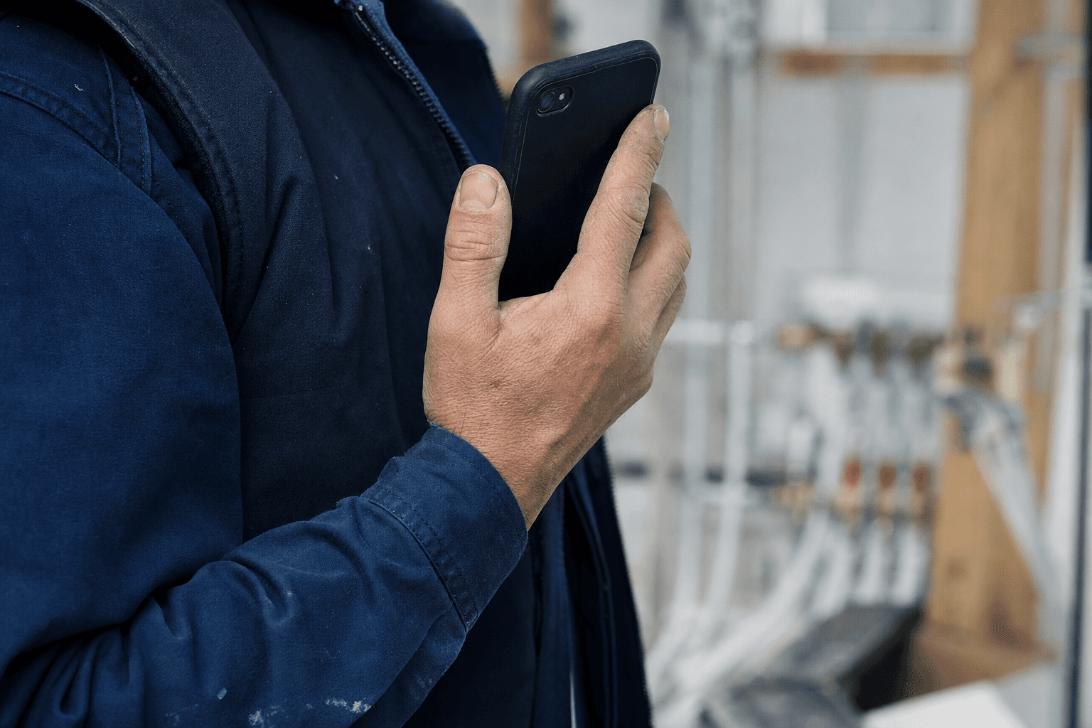 A worker taking a phone call at a job site, hands and phone in focus