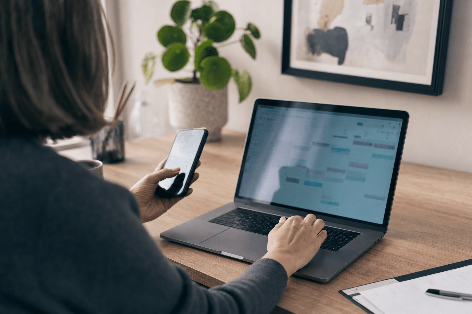 A business owner running operations at a desk with a laptop and phone, seen from behind