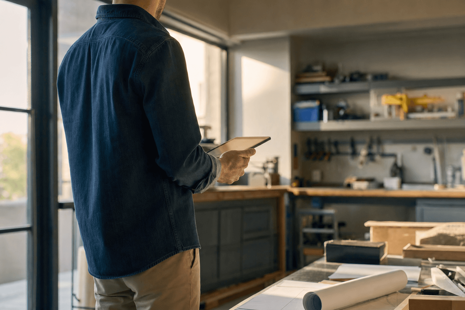 A business owner holding a tablet in their own workspace, viewed from the side